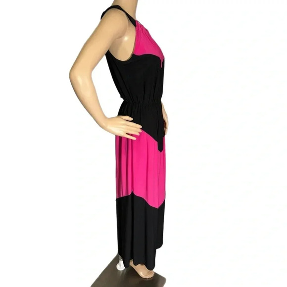 Sami & Jo Womens Sz Small Maxi Dress Sleeveless Halter Color Block Black Pink - Picture 2 of 10